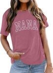 Nana Shirt Women Grandma Shirts: Nana Life T-Shirt Grandmother Shirt Retro Gigi Embroidery Tee Tops, Pink, Medium