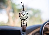 Motozoop® Metal Dream Catcher Car Dashboard Accessories Car Hanging Home Decorative Wall Hanging Good Vibe Showpiece Interior Accessories (Dia 7 cm Large with Black Feather and Metal Drops)