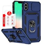 Case for iPhone X/XS Phone Case Cover - Includes 2 Tempered Protective Films with Sliding Window Camera Protection and Phone Holder - Blue