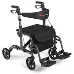 GOPLUS 2 in 1 Rollator Walkers for Seniors, Folding Rollator Walker with Seat, 8-inch Wheel Medical Drive Walker Wheelchair Combo with Backrest, Adjustable Handle for Adults, Aluminium Frame