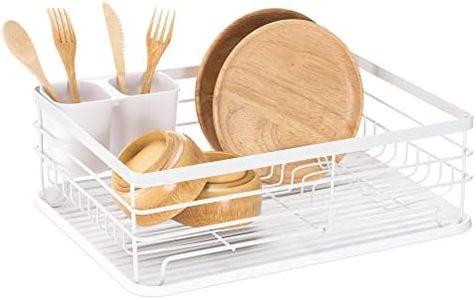 Navaris Dish Drainer Rack - Plate, Cutlery, Pots and Pans Drying Rack for Kitchen - Modern Retro Design Drip Tray with Metal Rack - White