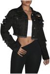 Floerns Women's Long Sleeve Distressed Ripped Button Front Cropped Denim Jacket Black Medium