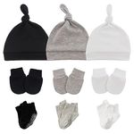 YIFAM 3 PCS Cotton Baby Hats, Newborn Hospital Hats Winter Soft Knotted for Boys and Girls, Newborn Hat 0-6 Month with Mitten (White Black Grey)