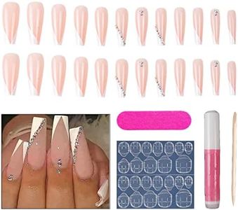 Taicols 24pcs White Long False Nails, Glossy French Tip Press on Nails Ballerina Fake Nails Full Cover Coffin Nails with Rhinestones Design, Acrylic Nails for Women Diy Manicure Salon Daily Decoration