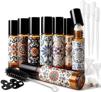 Roller Bottles for Essential Oils Roller Ball Applicator 8 Pack, 10ml Amber Rollerball Bottle Thick Glass Empty with Oil Perfume Lip Gloss DIY Kits Boho Stickers Leak-Proof Refillable for Travel, Gift