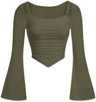 Floerns Girls Bell Long Sleeve Square Neck Asymmetrical Hem Mesh Ruched Crop Tops Tees Army Green 12-13Y