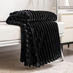 DISSA Fleece Blanket Throw Size – 51x63, Black – Soft, Plush, Fluffy, Fuzzy, Warm, Cozy – Perfect Throw for Couch, Bed, Sofa - with Pompom Fringe - Flannel Blanket Throw Blanket