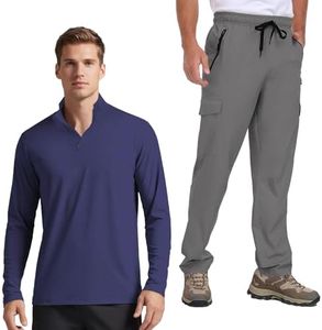 Mens Long Sleeve Shirts Quarter Zip Pullover (Dark Blue, XL) and Mens Cargo Hiking Pants (Grey, XL)