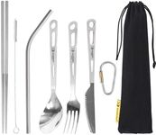 SILVERANT Titanium Camping Flatware, Titanium Spork Spoon Chopsticks Knife Straw Cutlery Set PortableTableware for Lunch Box Outdoor & Hiking, Comes with Drawstring Bag & Carabiner- Polished