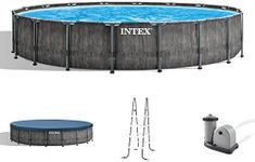 Intex Prism Frame Round Above Ground Outdoor Swimming Pool Set with Filter Pump, Ladder, Ground Cloth, and Pool Cover, Greywood