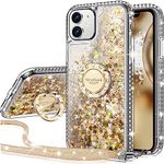 Silverback for iPhone 11 Case with Ring Kickstand Lanyard, Moving Liquid Glitter Sparkle Holographic, Girls Women Bling Diamond Ring Protective Cover Fore iPhone 11 6.1 inch Case -Clear Gold