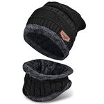 Winter Beanie Hat Scarf Set, Warm Knitted Hat and Circle Scarf, Skiing Hat Neck Warmer, Outdoor Sports Hat Sets with Fleece Liner,Gifts for Men Women（Black）