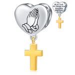 Praying Hand Cross Heart Charm, with God All things are Posible, Fits Pandora Religious Bracelet, 925 Sterling Silver 2 Tone Gold Beads, Gifts for Christmas/Grandma/Mum/Easter