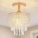 Mini Crystal Chandeliers 3 Tier Raindrop Crystal Flush Mount Ceiling Light Fixtures for Hallway Bedroom Kitchen Foyer Closet (Gold)