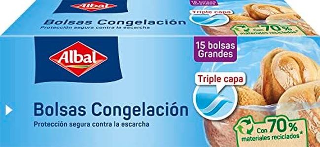 Albal Bolsas Congelación 8 Litros, Fabricadas con 70% de Materiales Reciclados, Triple Capa. Resistente, Reutilizables, Reciclables, 15 Bolsas Grandes. Libres de BPA