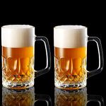 PrimeWorld 600 ml German Beer 2 Pcs Mug with Handle Glass, Steins, Freezable Beer Glasses,Everyday Drinking Glasses, Cocktail Glasses (Clear)