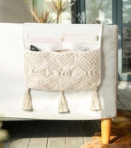 Mkono Macrame Sofa Armrest Organizer Remote Control Holder Couch Bedside Armchair Caddy Storage Basket Bag for TV Remote Control, Magazine, Books, Cell Phone, iPad, Boho Home Dorm Decor, Beige, Large