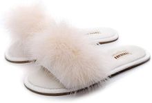 FAYUEKEY Real Fur Slippers for Women Summer Autumn Fluffy Furry Soft Plush Open Toe Slides Flats Shoes (9 M US, Khaki)