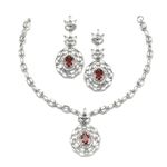 ZENEME Rhodium-Plated Silver Toned Square & Circular Shaped American Diamond Studded Necklace with Earring Jewellery Set for Girls and Women (Red)