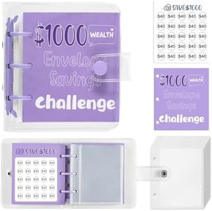 Drawelry Mini Money Saving Binder, 25 Cash Envelopes Money Saving Challenge Binder $500 $1000, Portable Savings Book Envelopes Stickers for Budgeting Planner Christmas Birthday Gift (Purple, $1000)