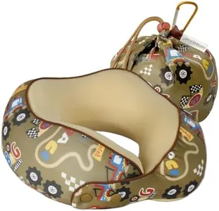 SKYTRAX® Certified Kids Safe Memory Foam Travel Neck Pillow for Kids and Toddlers, Cute Cartoon Design, Car Seat & Airplane Head Neck Support, Adjustable Snap Button, Washable Soft Cover (Racecar)