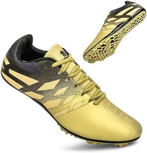 THESTRON Men Women Kids Track and Field Shoes Professional 8 Spikes Running Racing Sneakers Breathable Lightweight Sprinting Shoes (8.5,Gold Black)