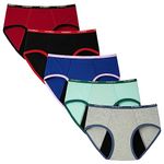 INNERSY Girls Period Cotton Underwear Leakproof Menstrual Panties for 10-16 Teen 5 Pack (14-16 Years, 5C Red/Black/Blue/Green/Grey)