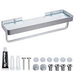 BELLE VOUS Floating Glass Bathroom Shelf with Towel Holder - W39.8 x D9.8cm/15.67 x 3.86 Inches - Wall-Mounted Storage Organiser Rack for Shower, Bathroom Bedroom, or Living Room - Steel Frame