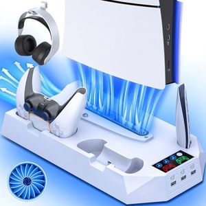 PS5/Slim/Pro Cooling Station with Controller Charging Station for Playstation 5 Slim/Pro Console, PS5 Cooling Stand Cooler Accessories Incl Cooling Fan, 3 USB Hubs, Headset Holder, Screw - White