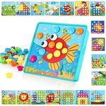 TINOTEEN Button Art Toy for Toddlers,Toddler Activities Crafts Color Matching Early Learning Educational Mosaic Pegboard 50 Buttons and 18 Pictures