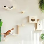FUKUMARU Cat Wall Shelves, 5-Piece Wall-Mounted Furniture Set, Stable Wooden Kitty Climber with Hammock, House, Steps, Scratching Post - Beige