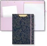 Steel Mill & Co Cute Clipboard Folio with Refillable Lined Notepad and Interior Storage Pocket, Stylish Metallic Gold Floral Padfolio for Work or School, Navy Floral