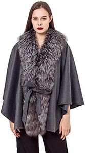 LVCOMEFF Women Wool Shawl Cape with Genuine Fox Fur Trimming Collar with Belt Plus Size (Gray)