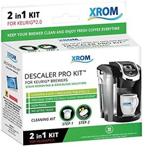 XROM Professional Descaling Kit Compatible With All K-Cup Keurig 2.0 Brewers, Biodegradable, All Natural Ingredients, Full Cycle Coffee Cleaning And Descaler Solution For Keurig Coffee Makers