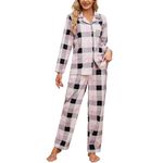 HEARTNICE Women Soft Pajama Set, Long Warm Flannel Pajamas Lightweight Cute Printed Pjs Set with Pockets(Pink-Black Plaid,l)