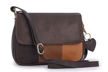 Gigi - Women's Medium Leather Cross Body Bag - Flap Over Handbag With Long Adjustable Strap - With Heart Keyring Charm - OTHELLO 1008 - Brown/Tan