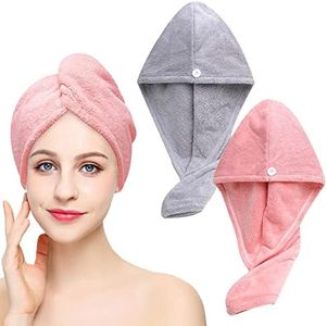 Cheveux Serviette, Rayyl 2 pièces Serviettes de Séchage pour Cheveux avec Boutons, Serviette à Cheveux en Microfibre Super Absorbante Cheveux Secs Rapidement pour Femmes