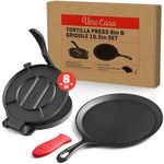 Uno Casa Cast Iron Tortilla Press 8 Inch with Cast Iron Comal Pan for Tortillas - Bundle of Tortilla Pan for Roti Maker, Tawa, Dosa and Pre-Seasoned Tortilla Press Pataconera - Tortilla Maker