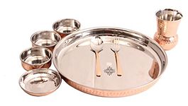 Indian Art Villa Steel Copper Hammered Design 8 Pieces Dinner Set/Thali Set of 1 Thali, 1 Glass, 1 Spoon, 1 Fork, 1 Small Plate & 3 Bowls, Dinnerware, Tableware Or Crockery