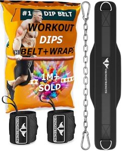 Vikingstrength Dip Belt for Weight Lifting Including Wrist Wraps. Premium Padded Dips Belt with Long Chain for Pullups Triceps Weighted belt for Workout Powerlifting + V-Strength Workout App