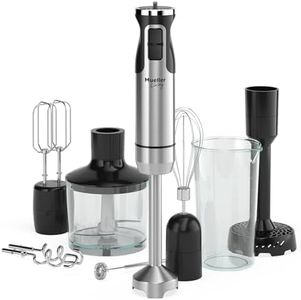 MuellerLiving Immersion Hand Blender Full Set - 8 Speed Immersion Blender, Hand Mixer with 7 Attachments: Stainless Steel Blade, Whisk, Milk Frother, Beater, Mixing Hooks, Potato Masher, Chopper Bowl
