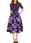 oxiuly Women's Vintage Patchwork Pockets Puffy Swing Casual Party Dress OX165 (L, Purple)