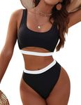 Blooming Jelly Women's High Waisted Bikini Set Two Piece Bathing Suits High Cut Bikini Sporty Cut Out Swimsuits (Black and White,Large)