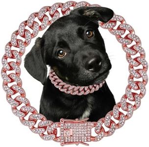 Dog Chain Diamond Collar Rose Gold Walking Metal Chain 12 mm Wide Necklace with Secure Buckle Pet Cuban Style Collar Jewelry Accessories for Small Medium Large Dog Cats (14 inch, Rose Gold)