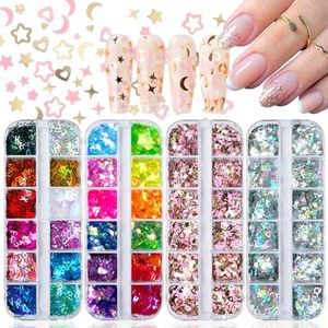 Lifextol 4 Box Nail Glitter for Press on Nails DIY Supplies, Chunky Glitter Acrylic Powder Nails Fine Glitter for Fake Nails Decor, Nail Art Foil Holographic Glitter Shapes Star Flakes Nail Sequins-C