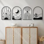 SHILP HANDICRAFT 4 Pack Boho Abstract Wood Wall Art | Minimalist Decor Bohemian Line Art | Geometric Line Sun Moon Arch Leaf, 3D Textured Sculptures, for Living Room Bedroom 12 inch