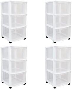 Gracious Living 4 Pack 3-Drawer Organizer Cart, Plastic Dresser with Wheels, 3 Tier Rolling Cart - Dorm Organizers and Storage Drawers, White