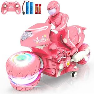 iappadore Pink RC Motorcycle with RGB Wheels Lights, Remote Control Car Motorbike Toy, 360° Rotations, 55 Min Play, Stunt Motocross with Rider, 2.4Ghz RC Dirt Bike Birthday Xmas for Girls 4-12