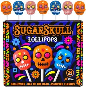 NLS Candy Co. Halloween Sugar Skull Lollipops Candy, Dia De Los Muertos, Strawberry, Orange, and Blue Raspberry Suckers, Box of 24