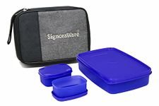 SignoraWare Compact Lunch Box Set of 3 With Zipered Bag, Bpa Free Plastic, Microwave Safe Food Grade Tiffin Boxes Office School, Leak Proof Air Tight (850ml+100ml+100ml, Rectangular, Purple)